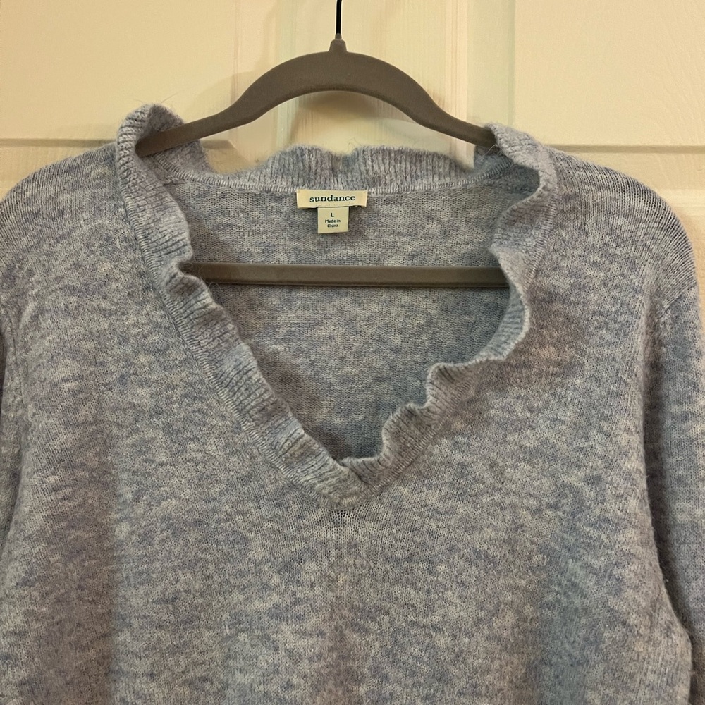 Sundance Catalog Giselle V/ruffle neck sweater. Light blue. VERY GUC. Size Large - Picture 2 of 8